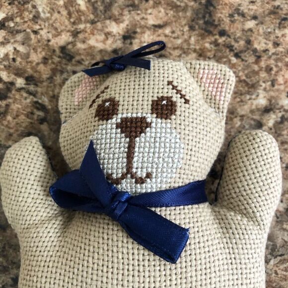 Handmade Cross Stitch Teddy Bear Stuffed Animal Blue Bow Heart Accent Decor - Picture 3 of 8